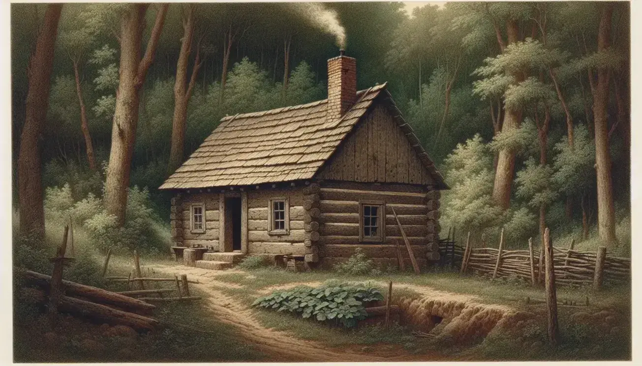 Rustic 19th-century log cabin with a shingled roof and smoking chimney nestled in a dense forest, a woman in period attire sits by a basket of vegetables.