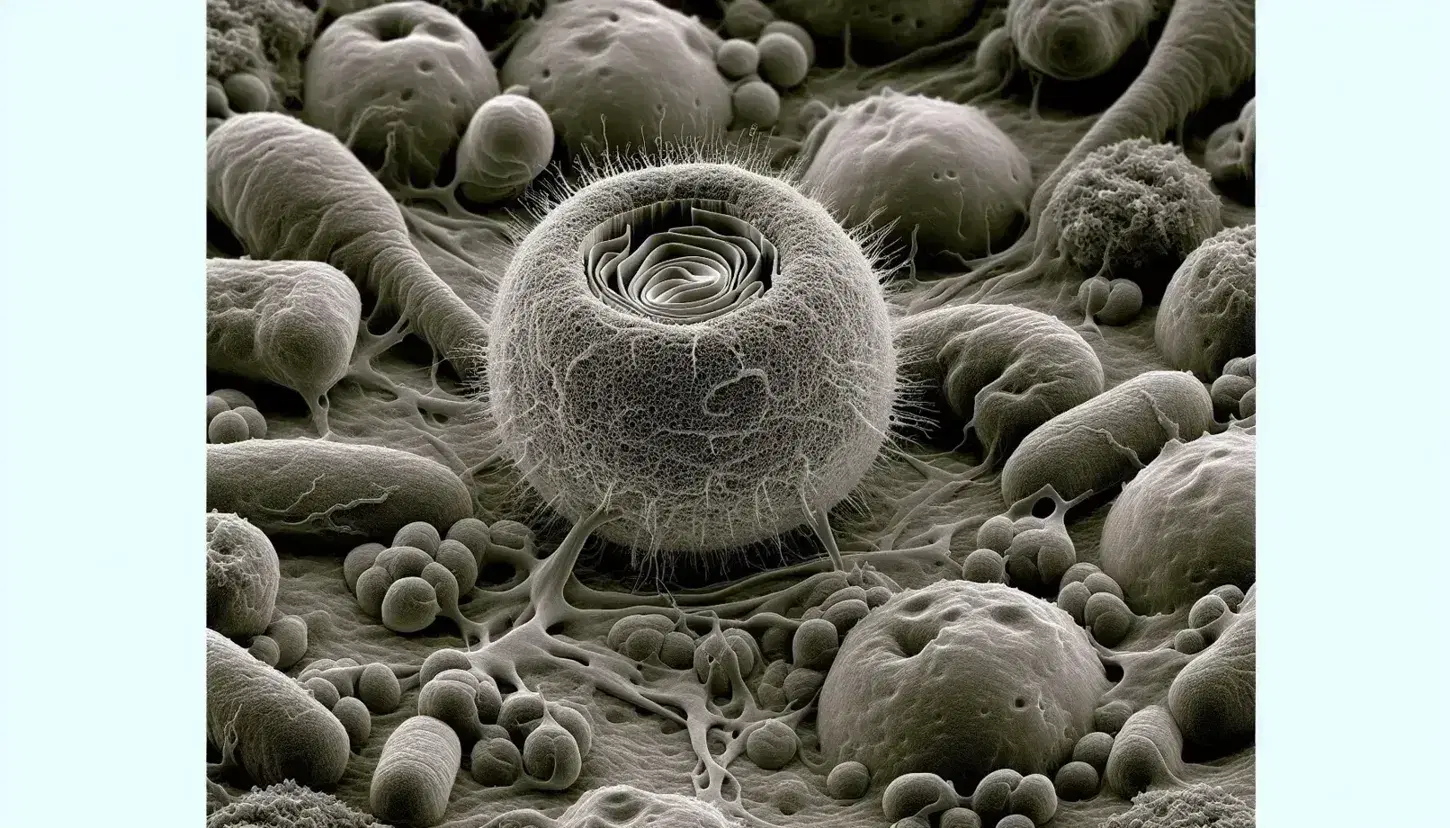 Micrografía electrónica de alta resolución de célula eucariota con peroxisoma central, mitocondrias y retículo endoplásmico en escala de grises.