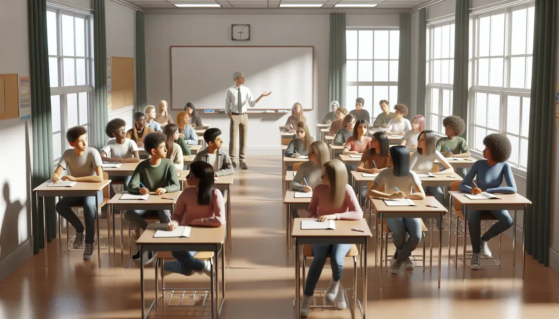 School classroom with attentive students of different ethnic groups and a gesturing teacher, natural light, calm and concentrated environment.