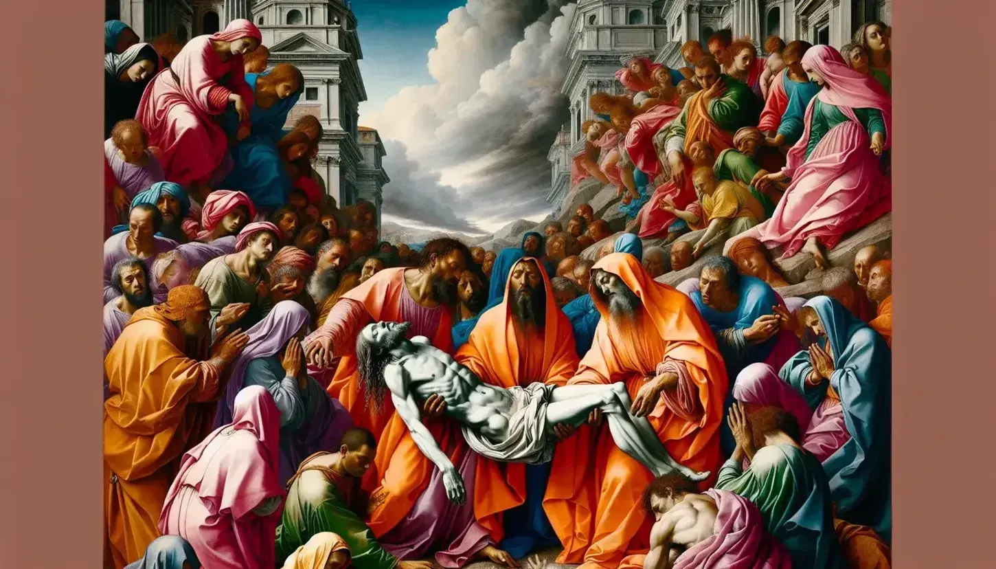 La Deposizione di Jacopo Pontormo mostra figure colorate in pose espressive attorno al corpo di Cristo, con sfondo architettonico rinascimentale.
