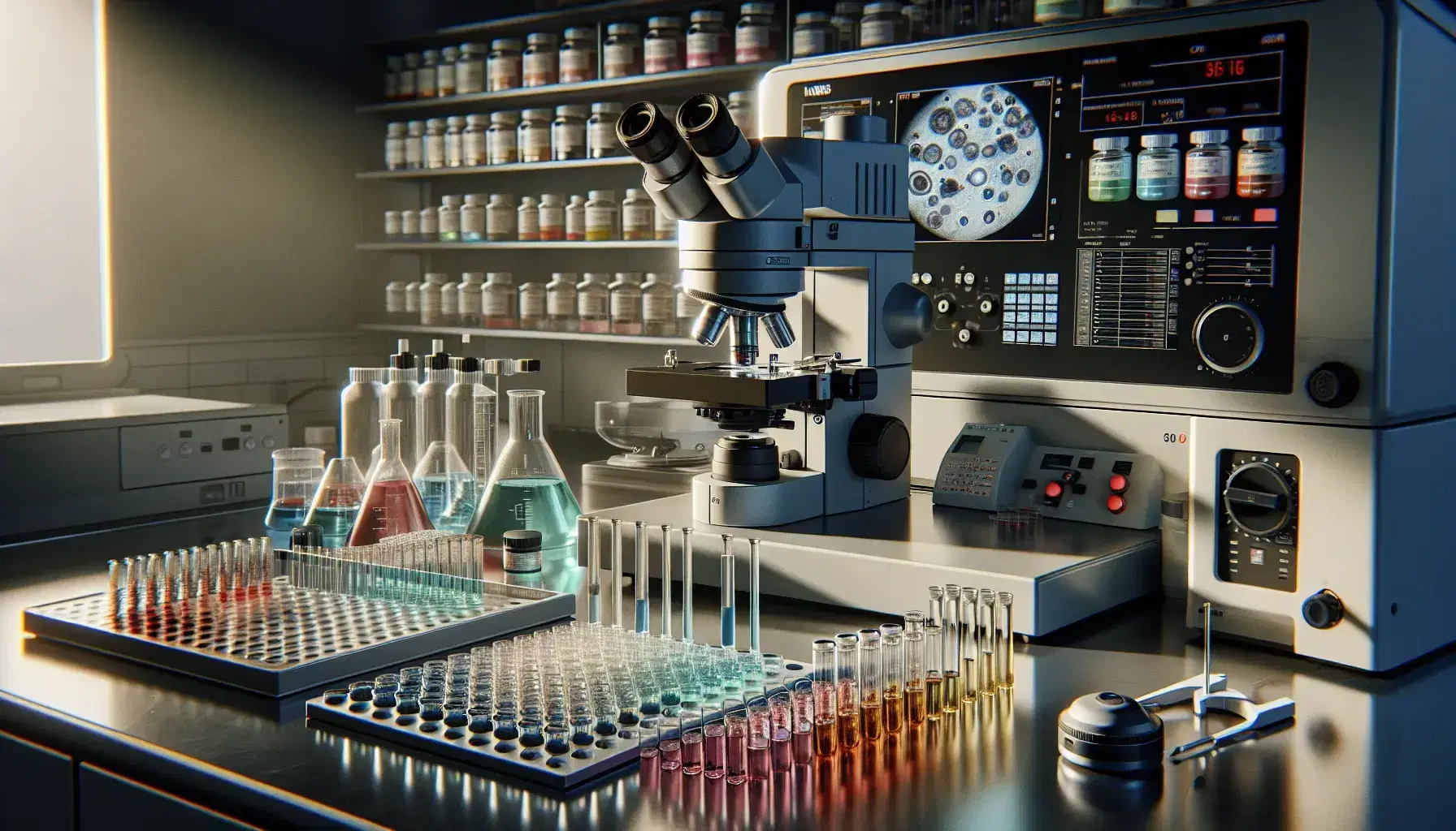 Laboratorio de investigación biomédica con microscopio electrónico, tubos de ensayo con tapas coloridas y centrífuga blanca, junto a portaobjetos con muestras.