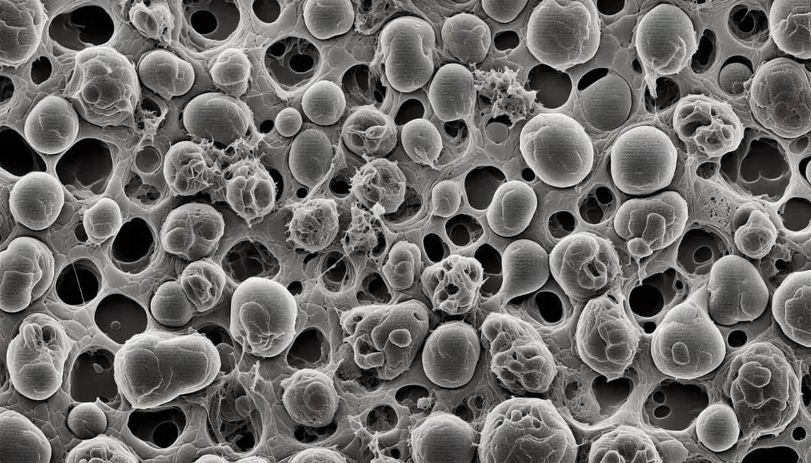 Micrografía electrónica de alta resolución mostrando células densamente empaquetadas con membranas y núcleos visibles en escala de grises, sin texto ni símbolos.