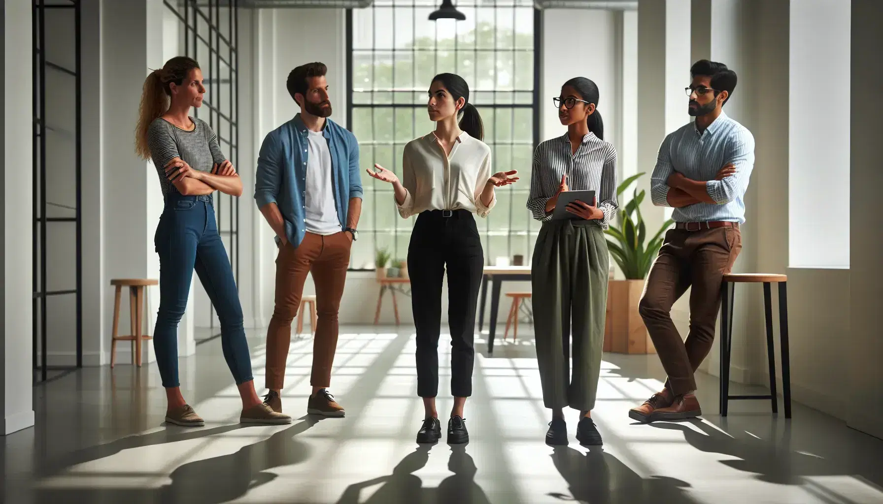 Grupo diverso de profesionales en reunión de trabajo en oficina moderna con luz natural, mujer hispana explicando conceptos, colegas atentos y ambiente colaborativo.