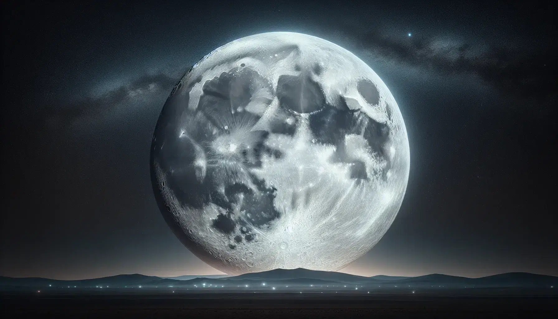 Luna piena dettagliata e luminosa domina il cielo notturno sopra sagome scure di colline, con cielo stellato sfumato in blu profondo.