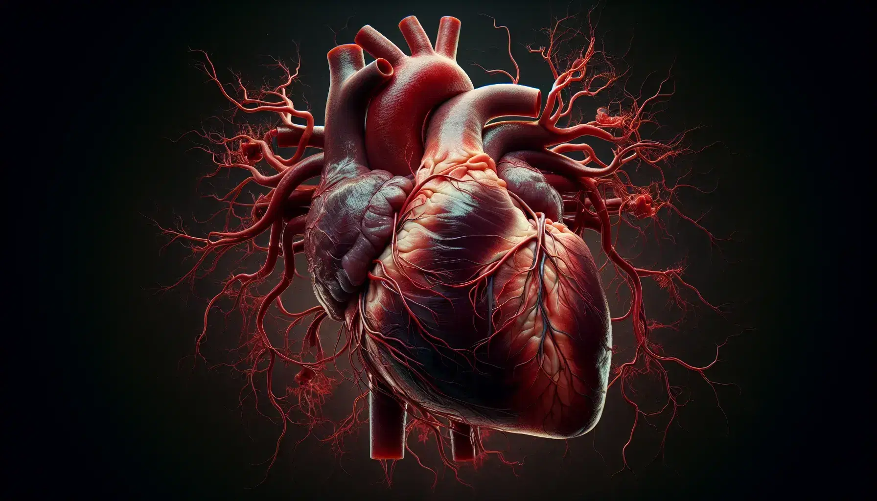 Cuore umano reale in dettaglio con vene e arterie, valvole cardiache visibili, enfasi sulla complessa struttura vascolare e muscolare.