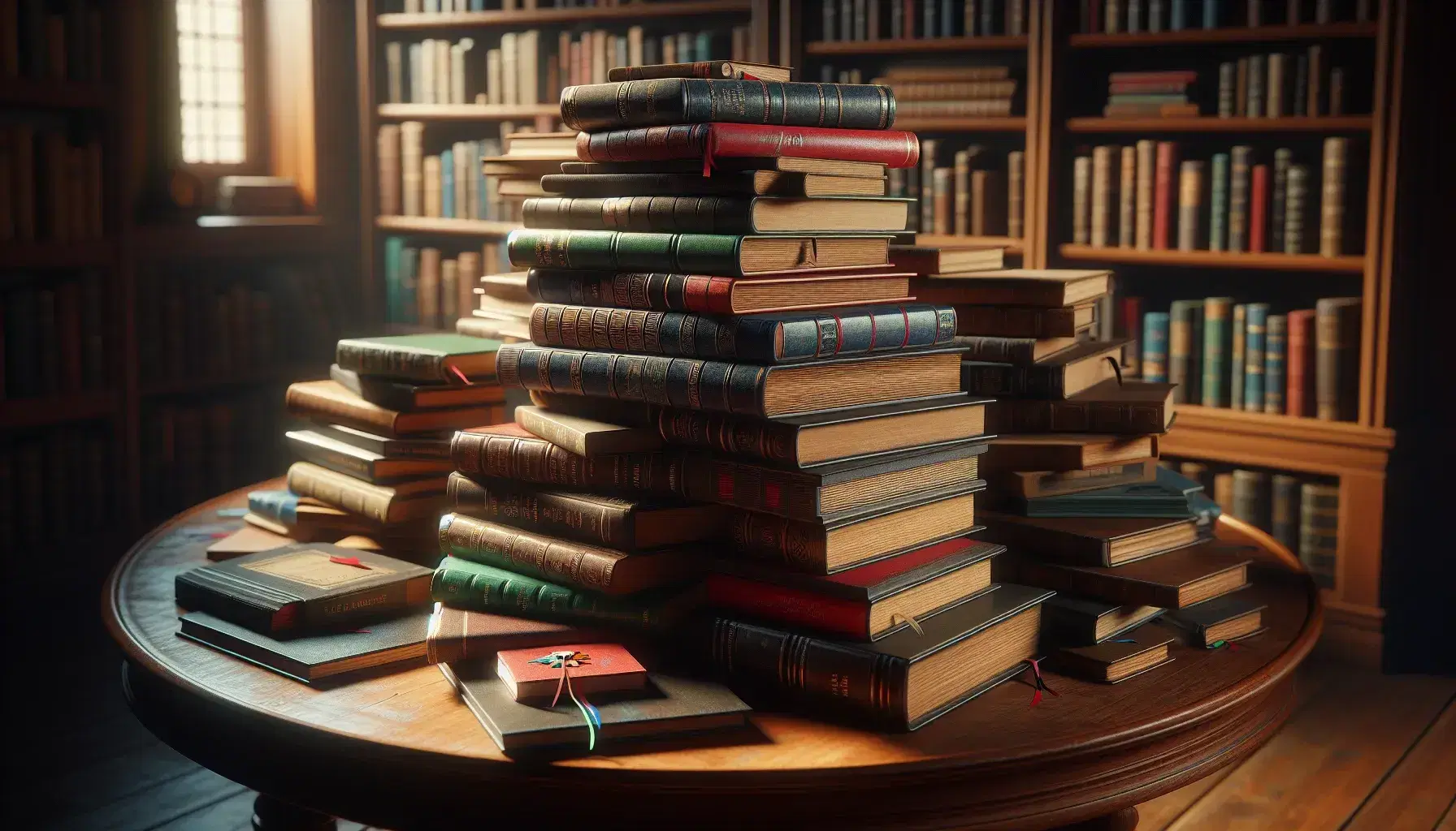 Stack of classic and modern books on a round wooden coffee table, with shades of red, blue and green, in a cozy room with blurred bookcase in the background.