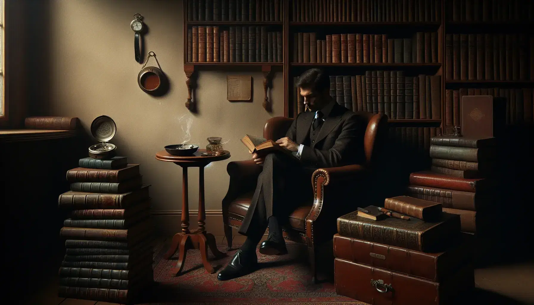 Uomo elegante seduto su poltrona classica con libro aperto, accanto a tavolino con orologio da tasca e sigaro spento, sfondo con libreria e tappeto persiano.