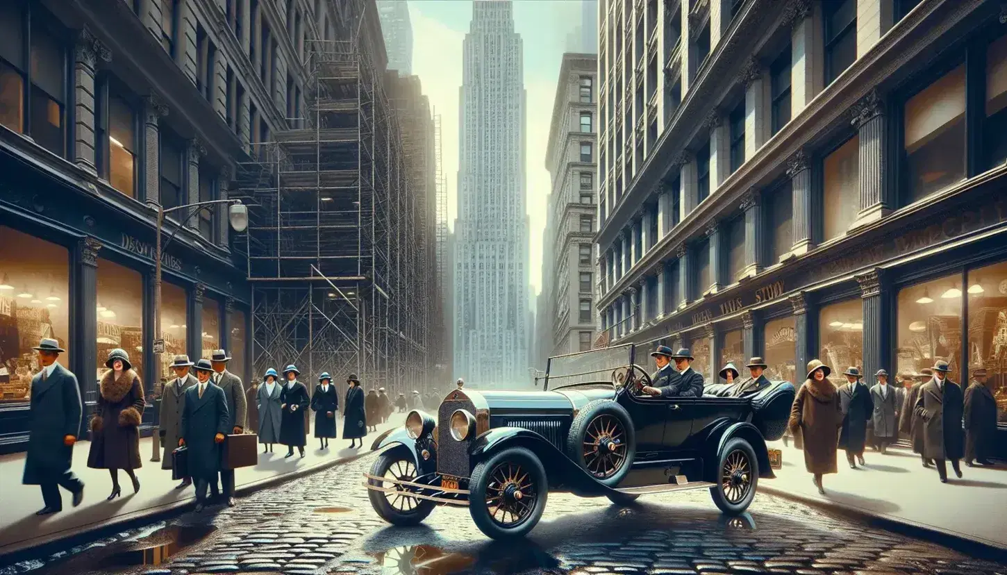 Scena di strada anni '20 a New York con auto d'epoca parcheggiata, passanti eleganti e grattacieli in costruzione.