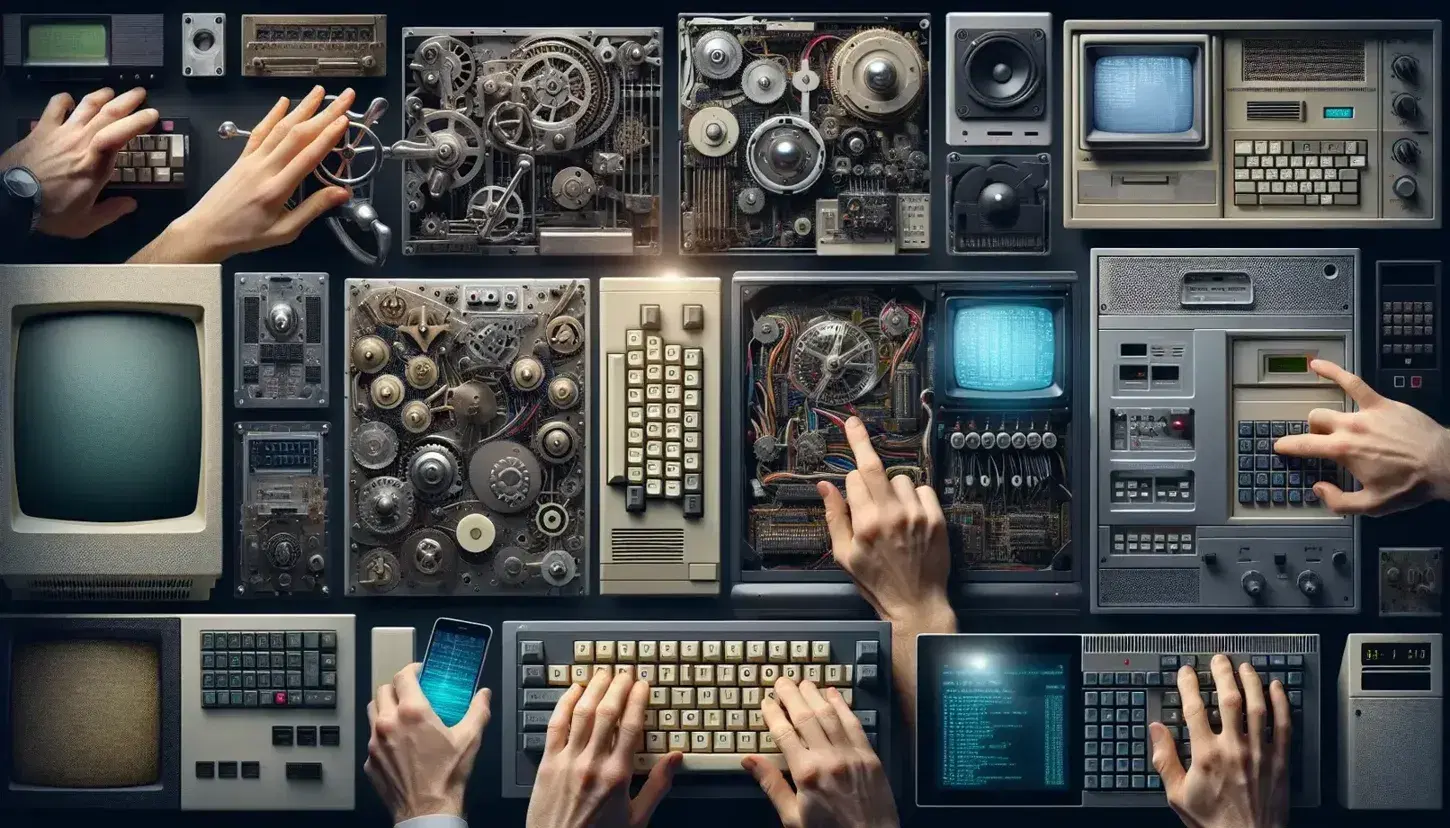 Mani interagiscono con dispositivi elettronici storici e moderni, da calcolatori meccanici antichi a tablet contemporanei.