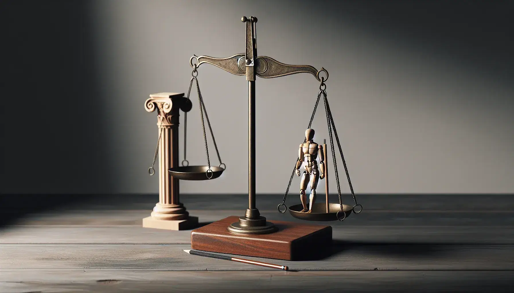 Balanza de dos platos en equilibrio con figura humana de madera en un lado y columna corintia en miniatura en el otro, sobre superficie de madera oscura.