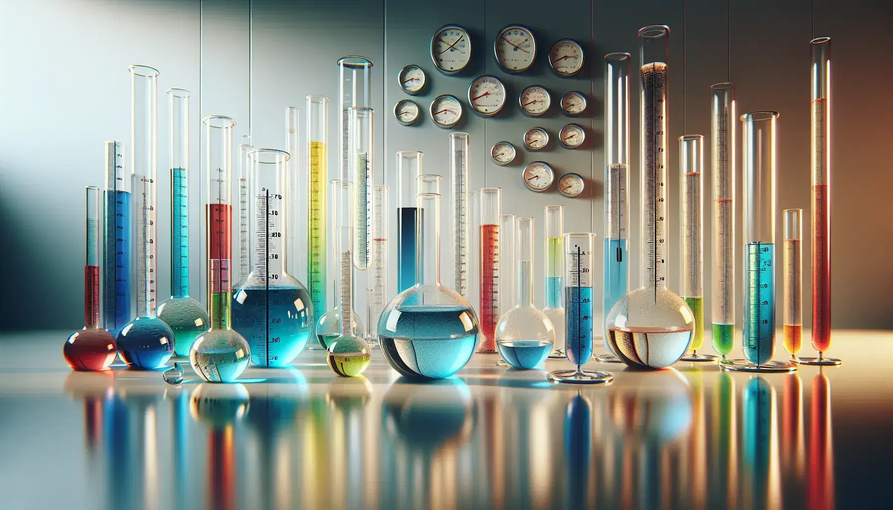 Cilindri graduati trasparenti con liquidi colorati su superficie riflettente, termometri e barometri analogici sullo sfondo.