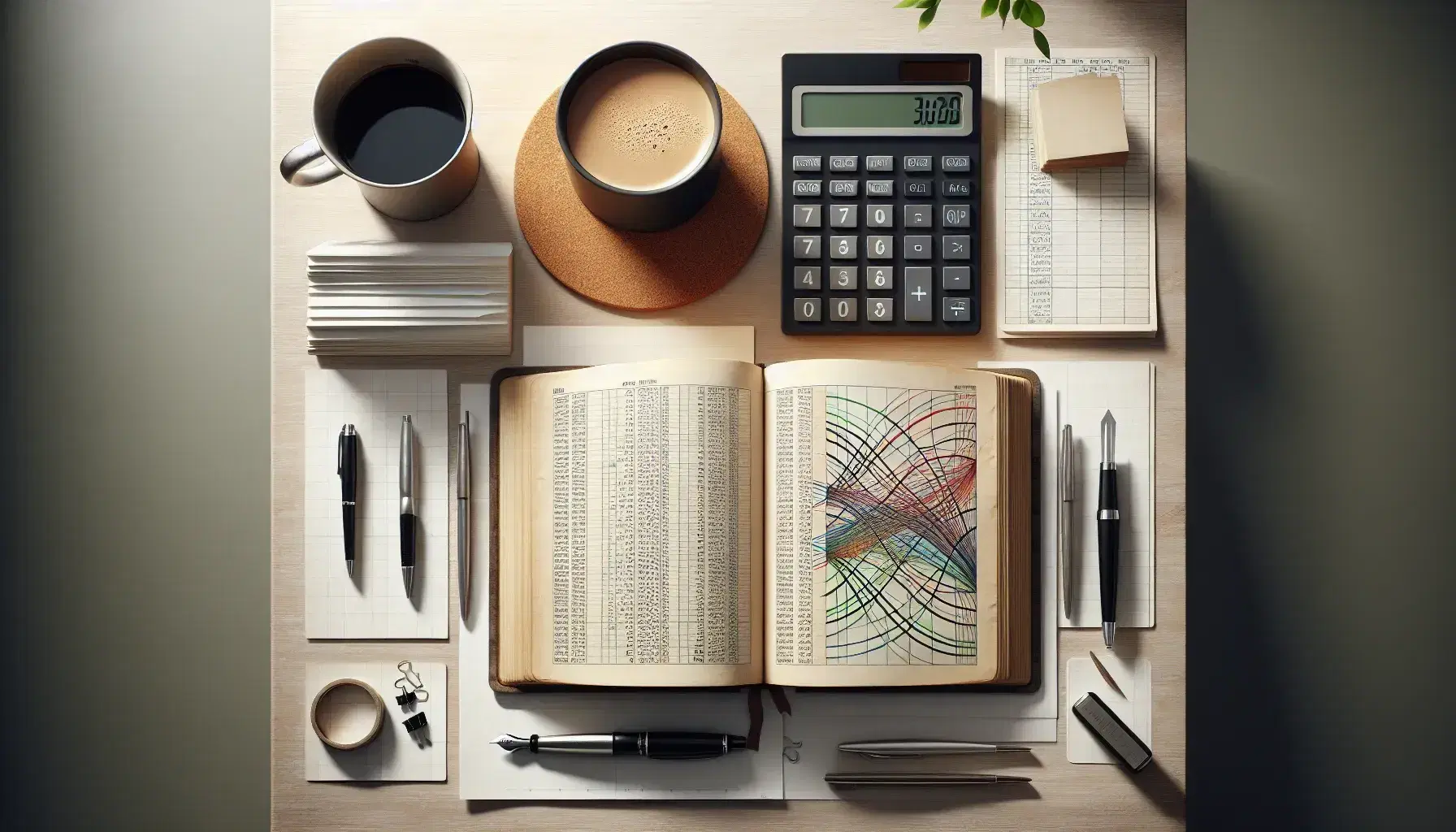 Scrivania in legno chiaro con libro aperto, calcolatrice scientifica, grafico colorato, penna stilografica, tazza di caffè e pianta verde.