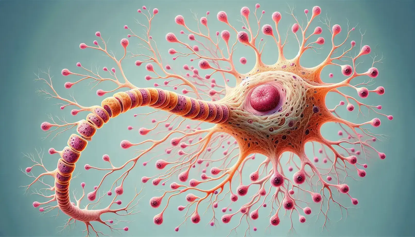 Neurone umano dettagliato con corpo cellulare rosa, dendriti ramificati e assone con guaina mielinica giallo ocra in contesto biologico.