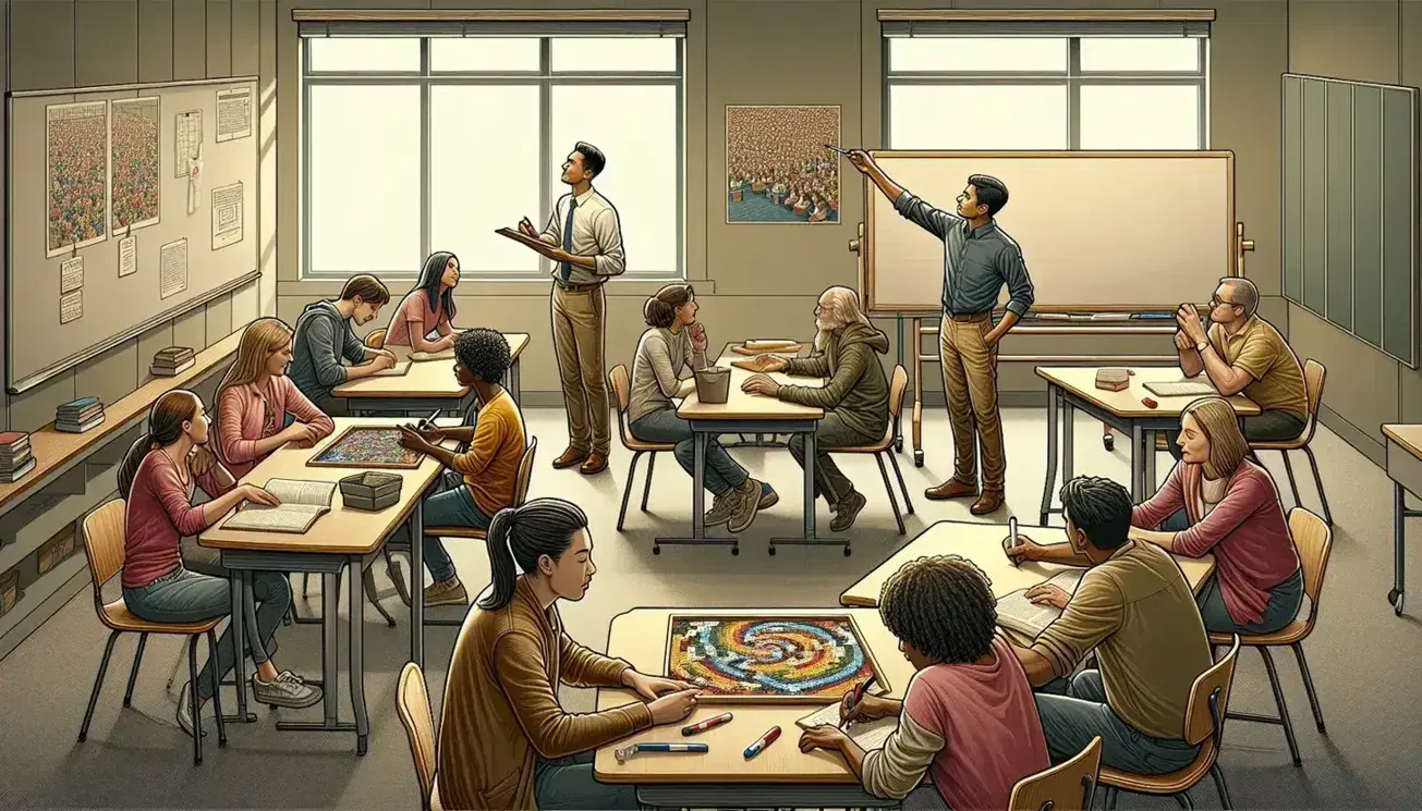 East Asian man absorbed in completing a multicolored puzzle, lively black woman explains at the white board, mixed group discusses around the table in a naturally lit classroom.