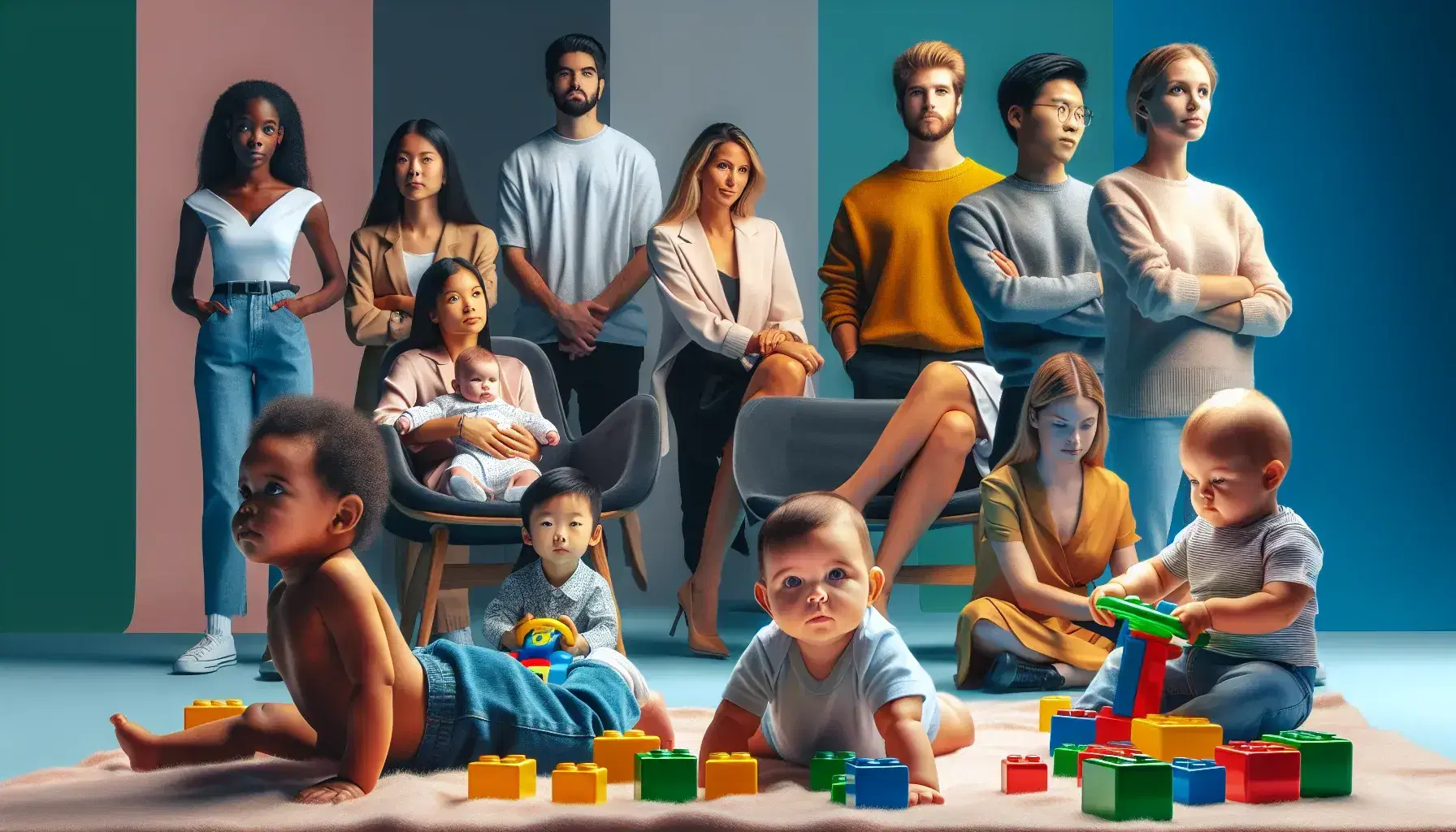 Grupo diverso representando etapas del desarrollo humano, desde un bebé hasta una persona mayor, con expresiones que van de la curiosidad a la contemplación.
