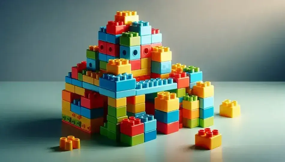 Bloques de construcción de plástico coloridos apilados en forma de torre sobre superficie lisa, con tonos rojo, azul, amarillo y verde, sin personas.