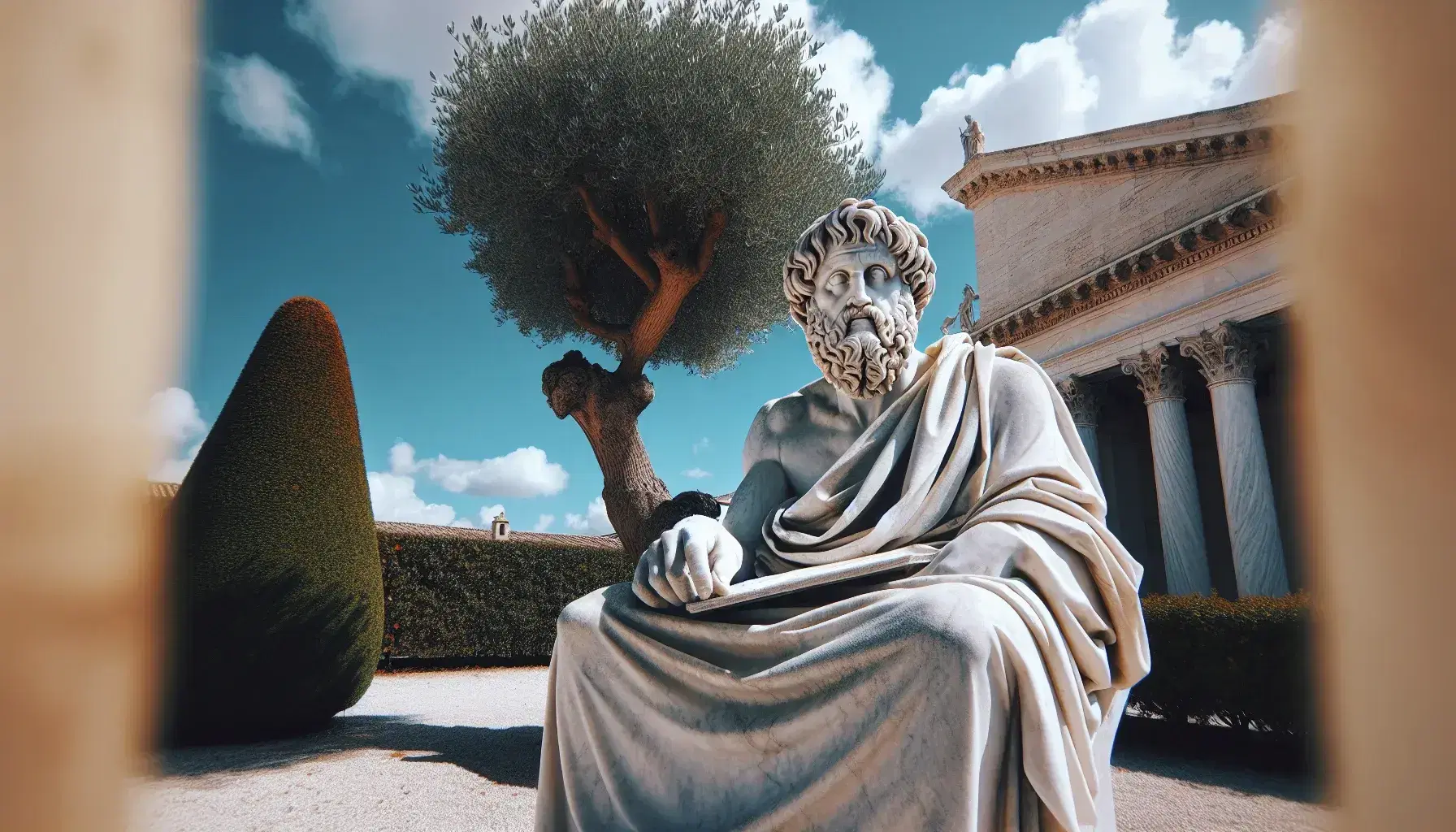 Statua in marmo di Platone pensieroso su piedistallo, con toga, sotto cielo azzurro, accanto ad albero mediterraneo e colonne corinzie.