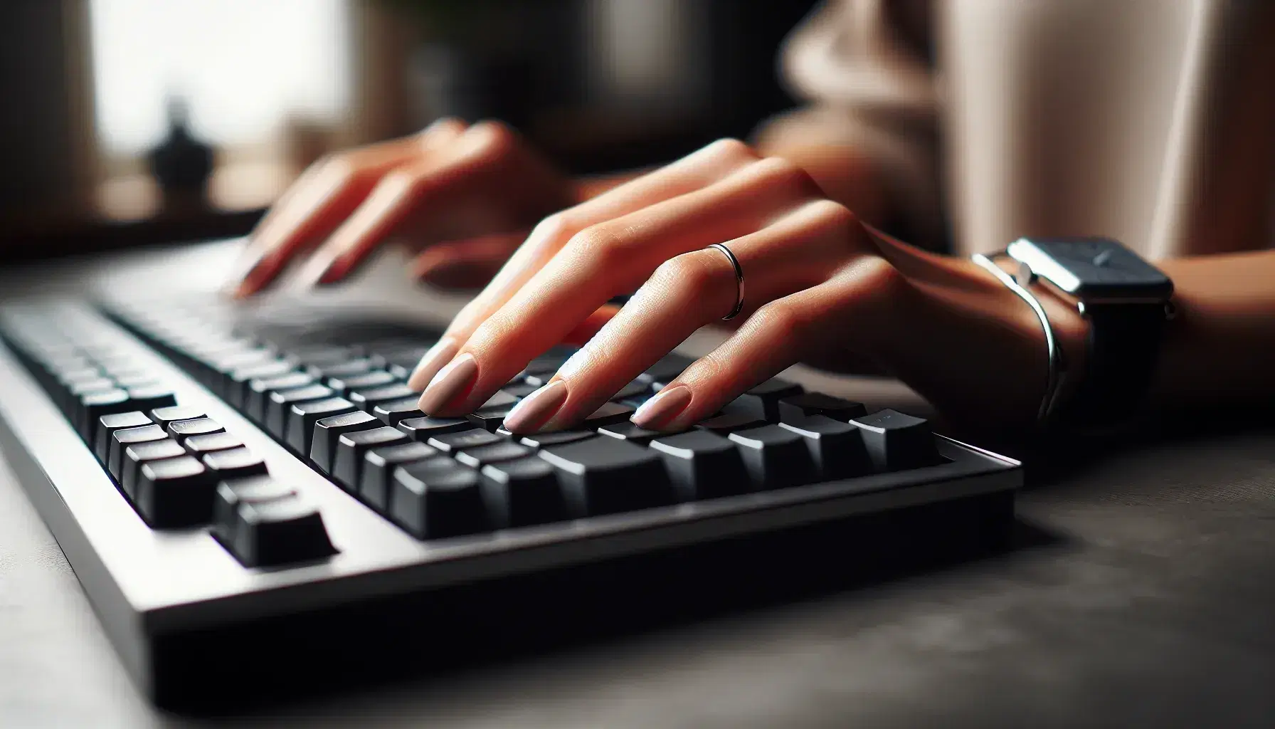 Hands with light skin type on modern computer keyboard, natural light reflections, silver bracelet and black strap watch.