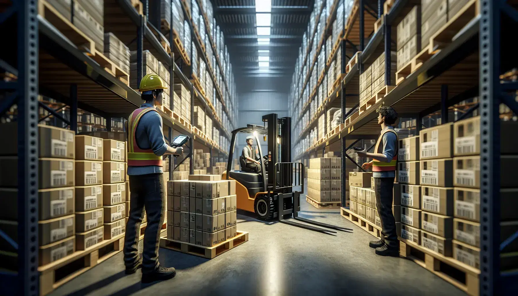 Hispanic female worker scans boxes on a pallet while a male colleague operates a forklift in a well-lit, organized warehouse with shelving units.