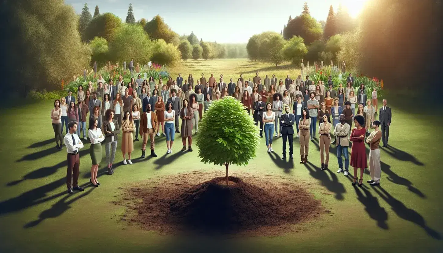 Multi-ethnic group of people in semi-circle around young planted tree, expressing interest and satisfaction in a sunny park.
