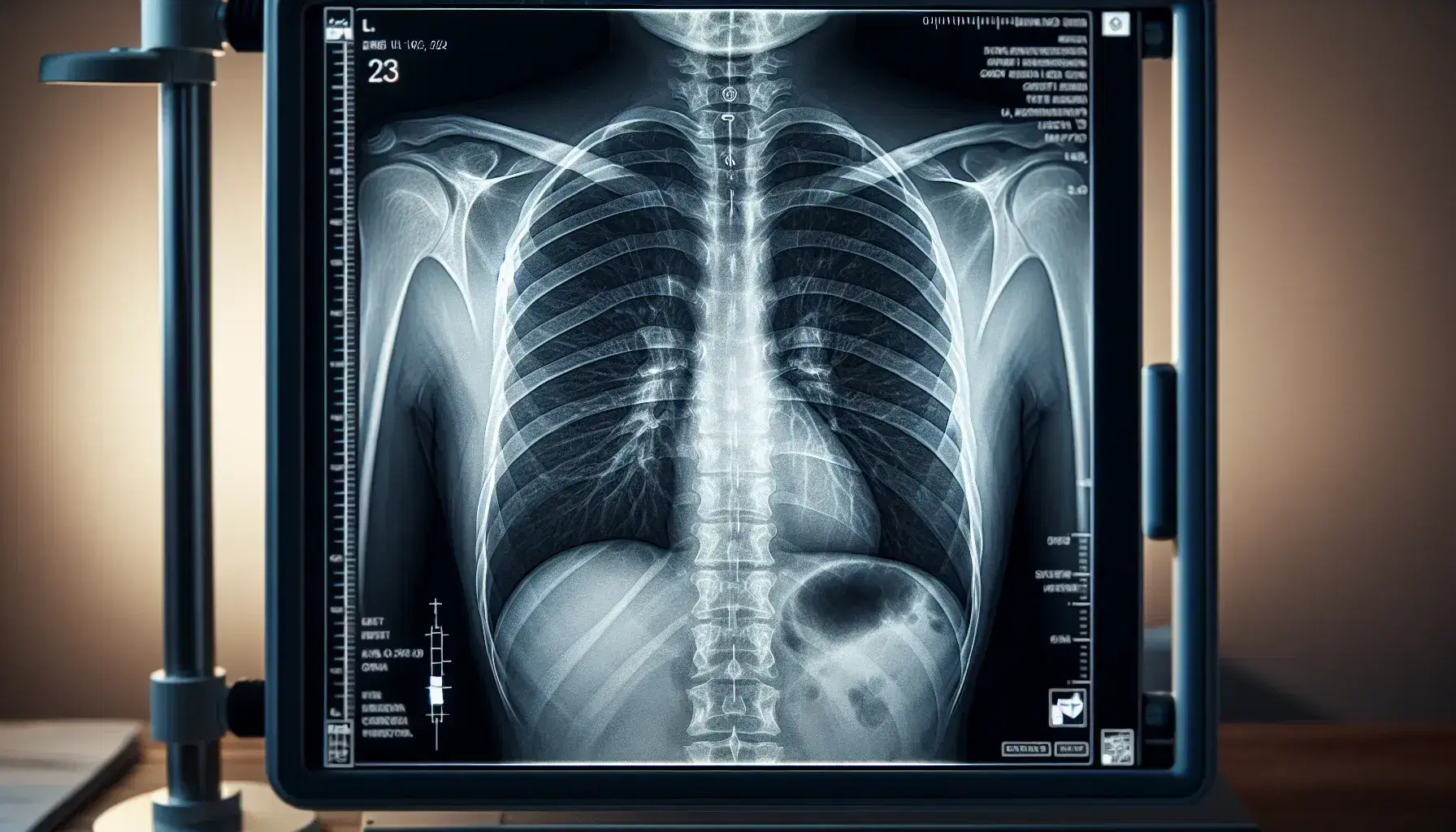 Radiografía de tórax mostrando costillas, columna vertebral, pulmones y silueta cardíaca en visor iluminado, sin marcas externas.