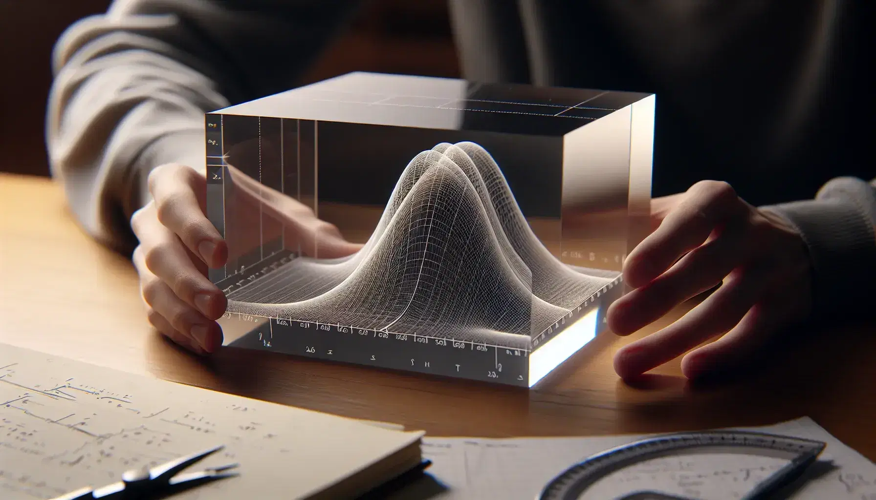 Hands holding a 3D graph etched in an acrylic block, depicting a definite integral curve, with blurred mathematical tools in the background.