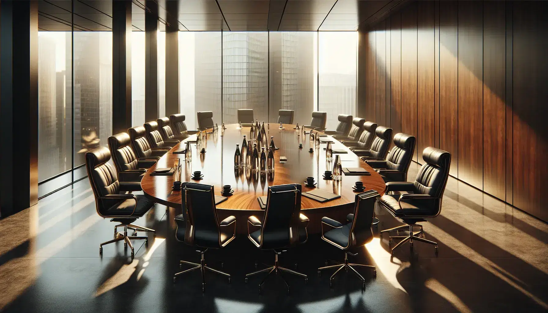 Elegant boardroom with oval wooden table, black leather chairs, laptops, water bottles, coffee cups, large windows showcasing a cityscape, and a vibrant abstract painting.