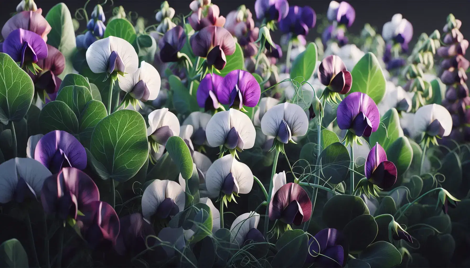 Cluster of pea plants with vibrant purple and pristine white flowers, oval-shaped leaves, and sturdy stems in a sunlit natural setting.