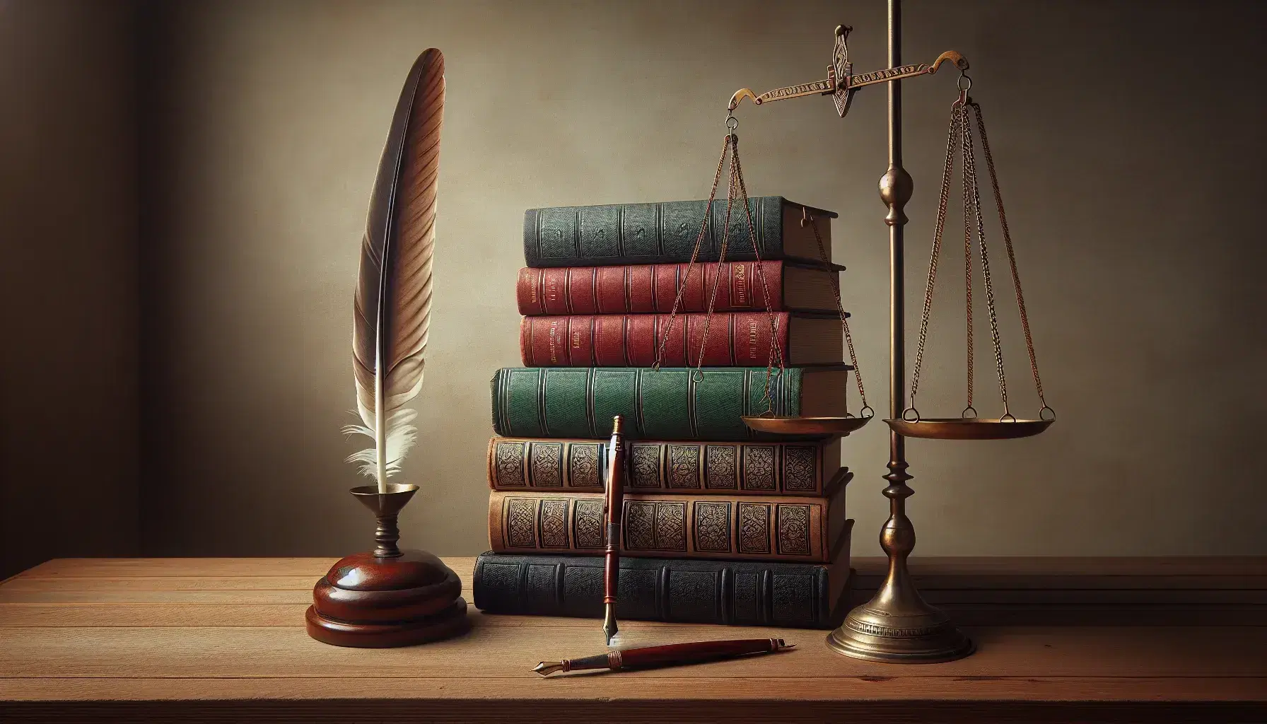Libros apilados en tonos rojo, verde, azul y marrón sobre mesa de madera con pluma antigua encima y balanza de justicia dorada al lado.
