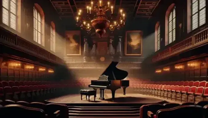 Sala concerti antica con pianoforte a coda nero su palco in legno, sedie in velluto rosso e arazzi, attesa di un'esibizione.