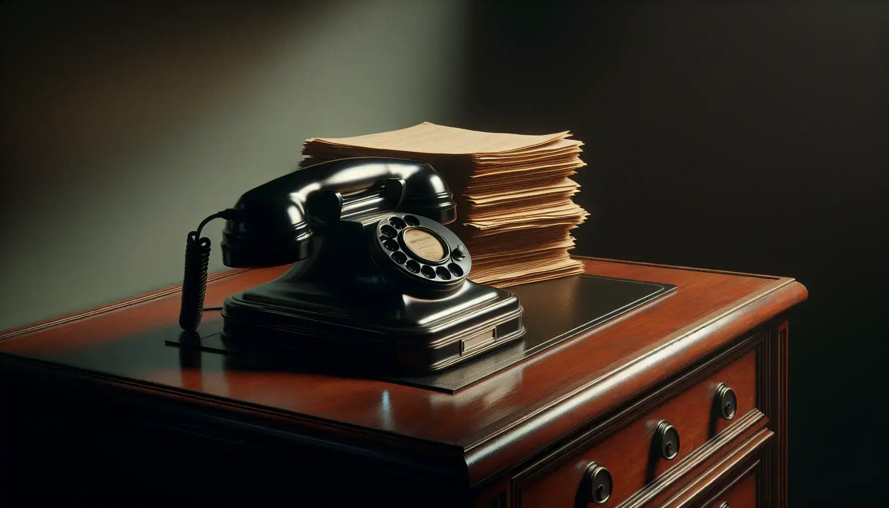 Vintage black rotary dial telephone on a polished mahogany desk beside a stack of aged papers, with a muted green wall in the background.