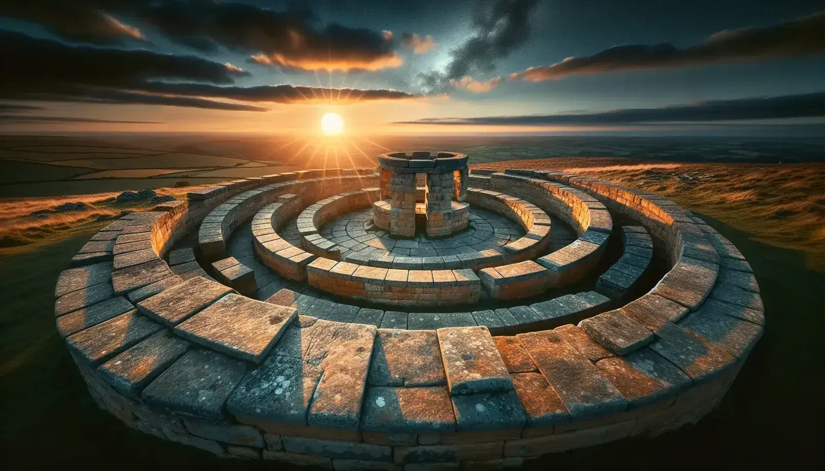 Ancient observatory-like historic structure with concentric circular walls and central platform at sunset, blurred sky and radiant sun.