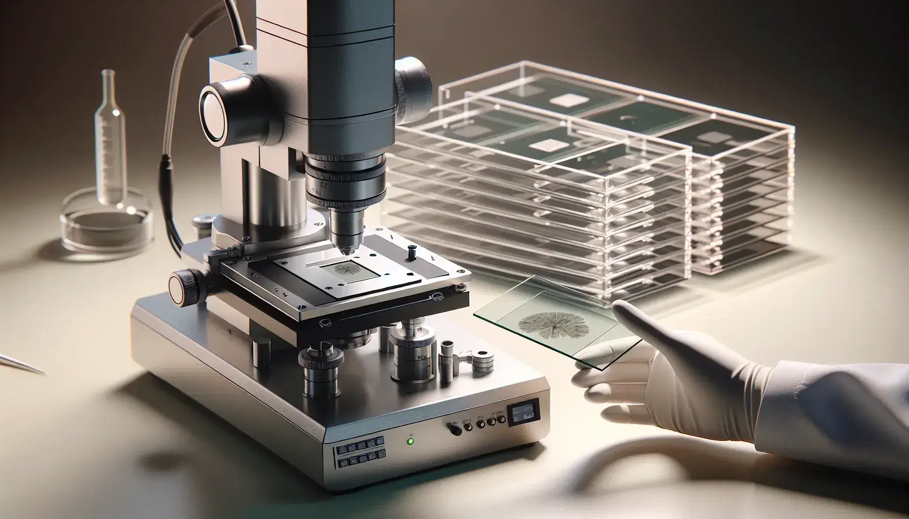 Microscopio elettronico a trasmissione grigio metallico su tavolo da laboratorio con portaoggetti trasparenti accanto e mano guantata che ne tiene uno.