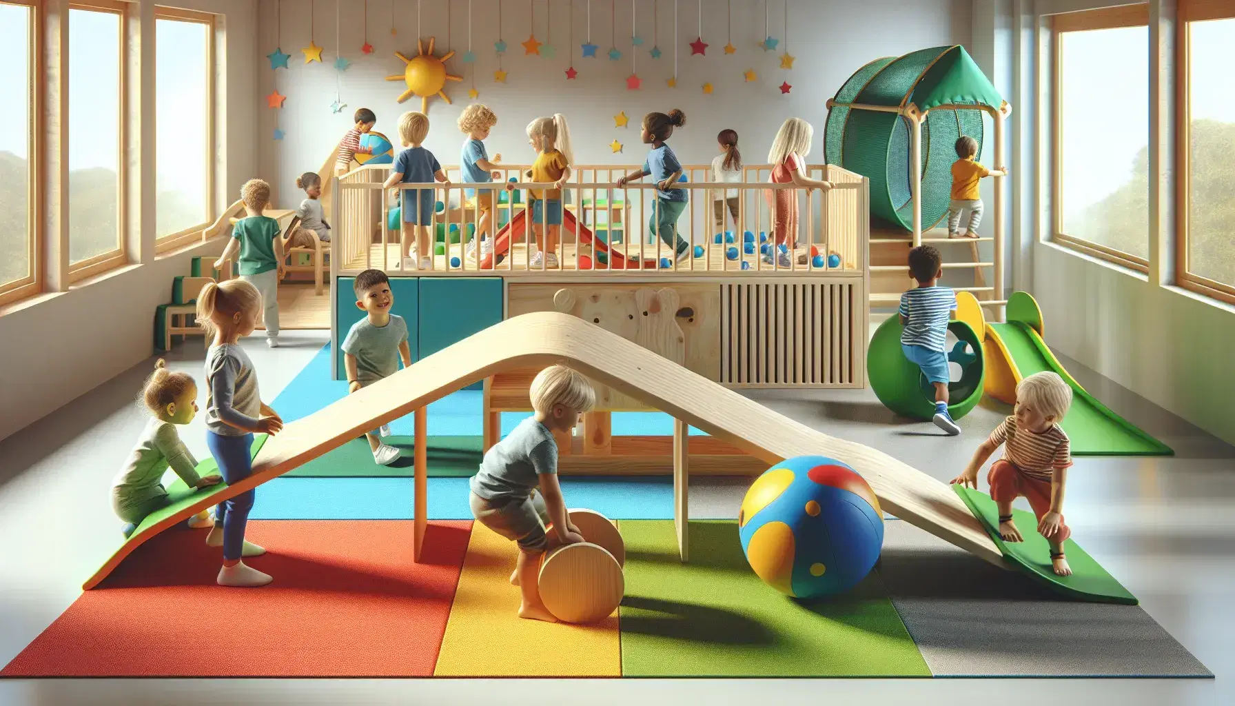 Niños jugando en aula de psicomotricidad con puente de madera, pelota grande y colchonetas de colores, bajo luz natural.