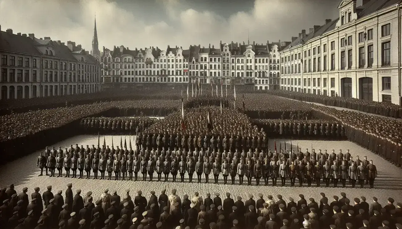 Multitud en plaza adoquinada con grupo de hombres uniformados en formación, arquitectura europea clásica al fondo y cielo despejado.