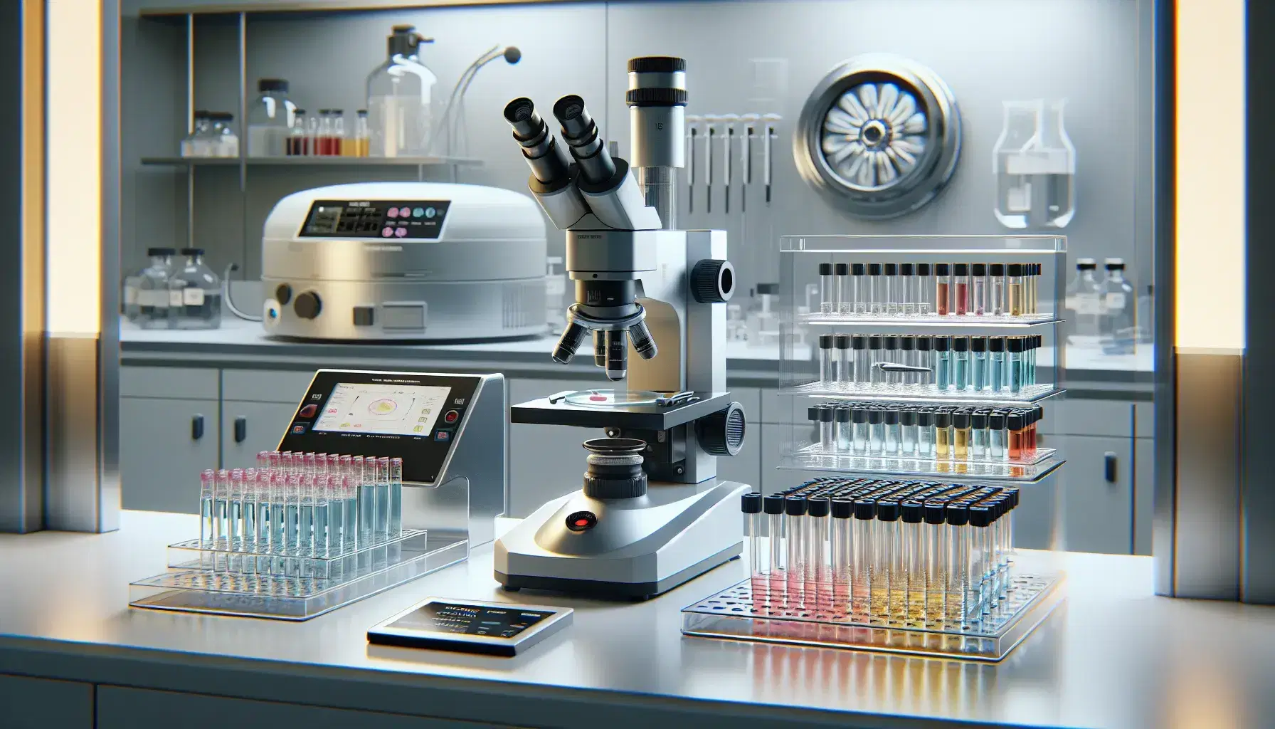Immunology laboratory with microscope, stained slides, test tubes, digital pipette, centrifuge and scale, hand with glove and flask.