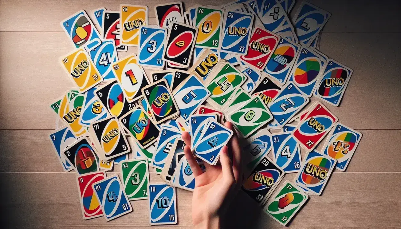 Carte del gioco UNO sparse su superficie in legno chiaro con mano che tiene un mazzo, azione e carte speciali visibili.