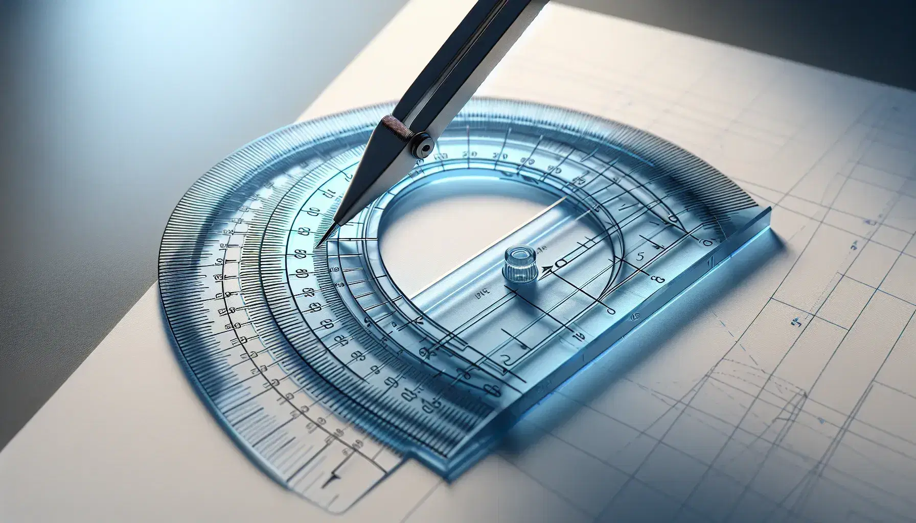 Close-up view of a blue protractor and compass on white paper, with a pencil marking an angle and a faint arc drawn on the surface.