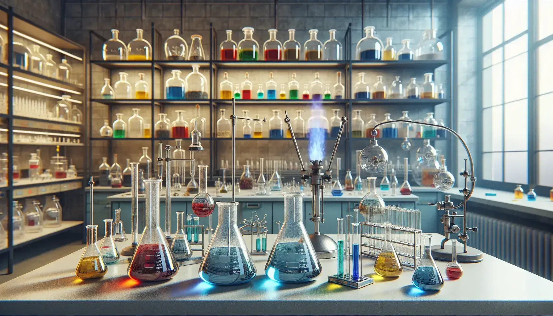 Laboratorio de química con mesa de trabajo, Erlenmeyers con líquidos de colores, mechero Bunsen encendido y estantes con frascos.