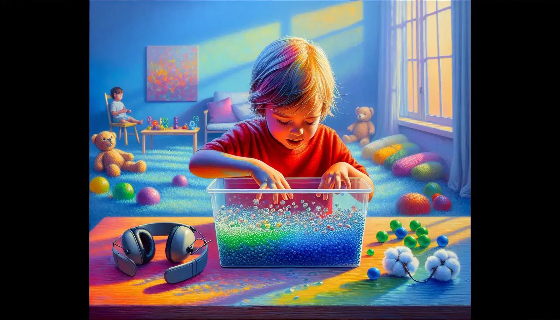 Child absorbed in sensory activity with colored water beads, cotton balls and feathers, noise-cancelling headphones on the table, in bright environment.