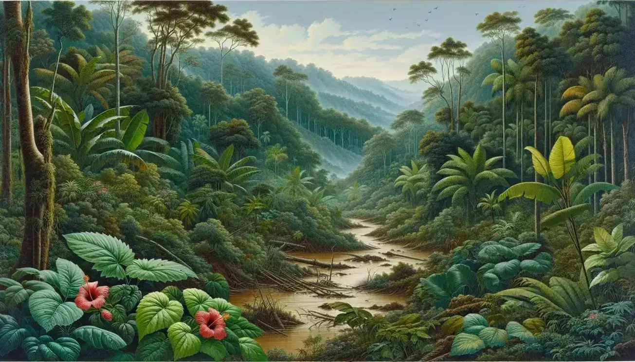Dense Vietnamese jungle with tropical foliage, red hibiscus flowers, a meandering muddy river, bamboo stalks, and misty green hills under a pale blue sky.
