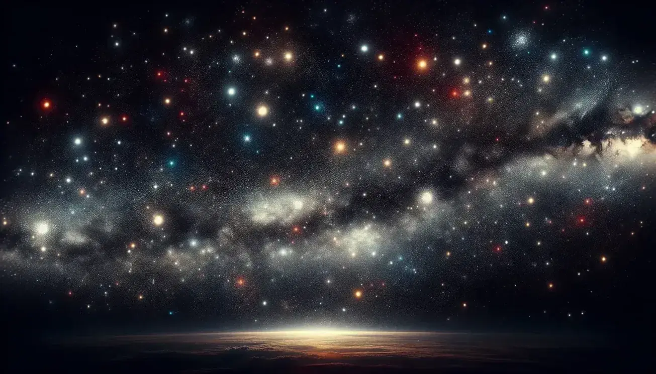 Cielo notturno stellato con varie intensità di luce da bianco a giallo pallido, blu e rosso su sfondo nero.