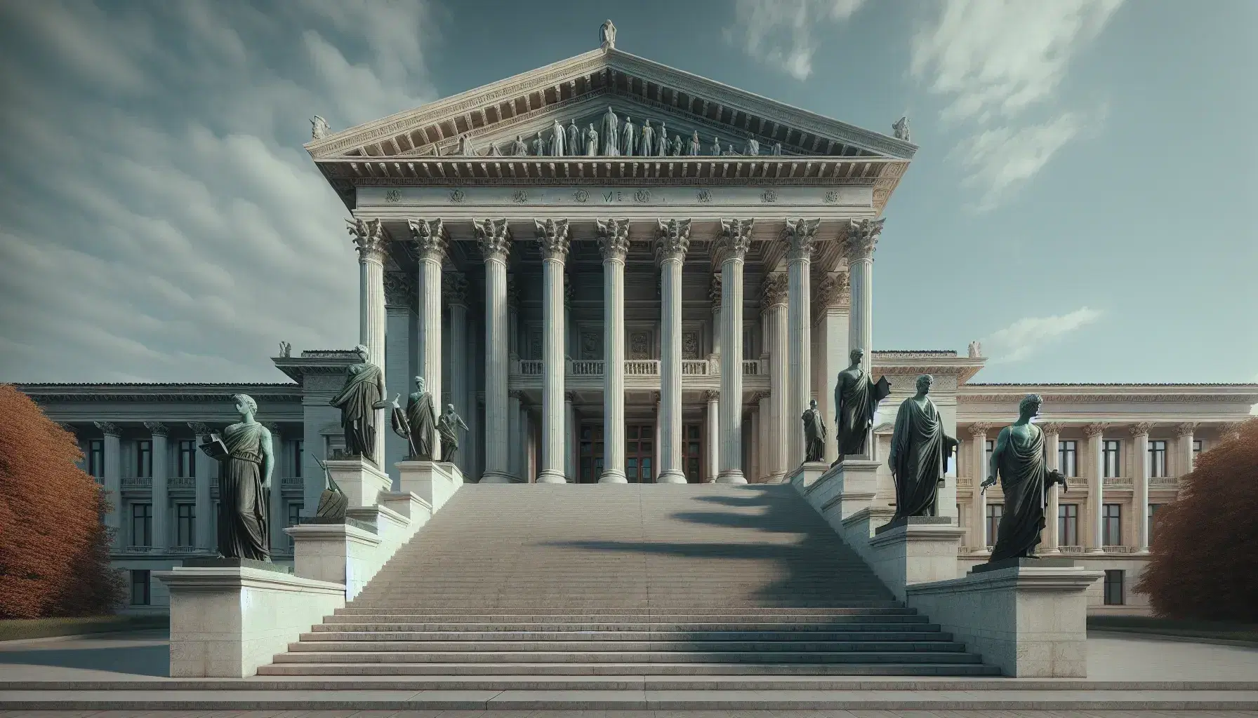 Edificio neoclásico con columnas y pedimento triangular bajo cielo azul, escalinata de piedra y estatuas de bronce con espada y libro.