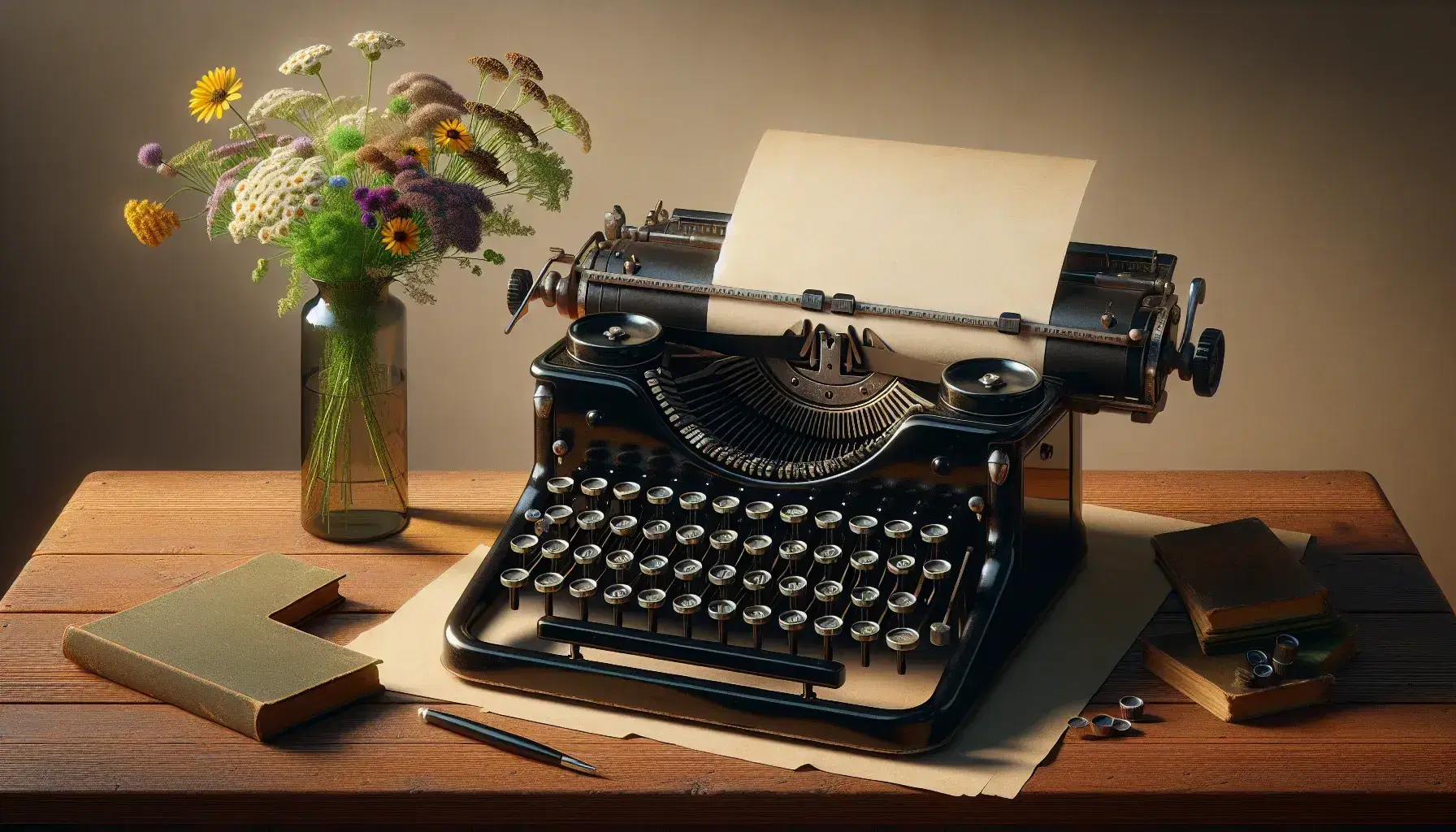 Vintage black manual typewriter with blank paper on a wooden desk, accompanied by a vase of colorful wildflowers, in a softly lit room.