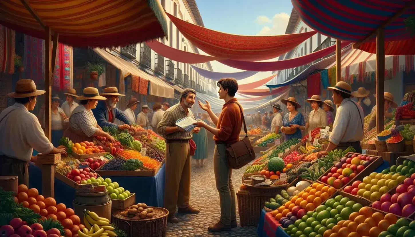 Bustling outdoor market in a Spanish-speaking country with a tourist holding a map, colorful fruit and vegetable stalls, and colonial-style buildings.