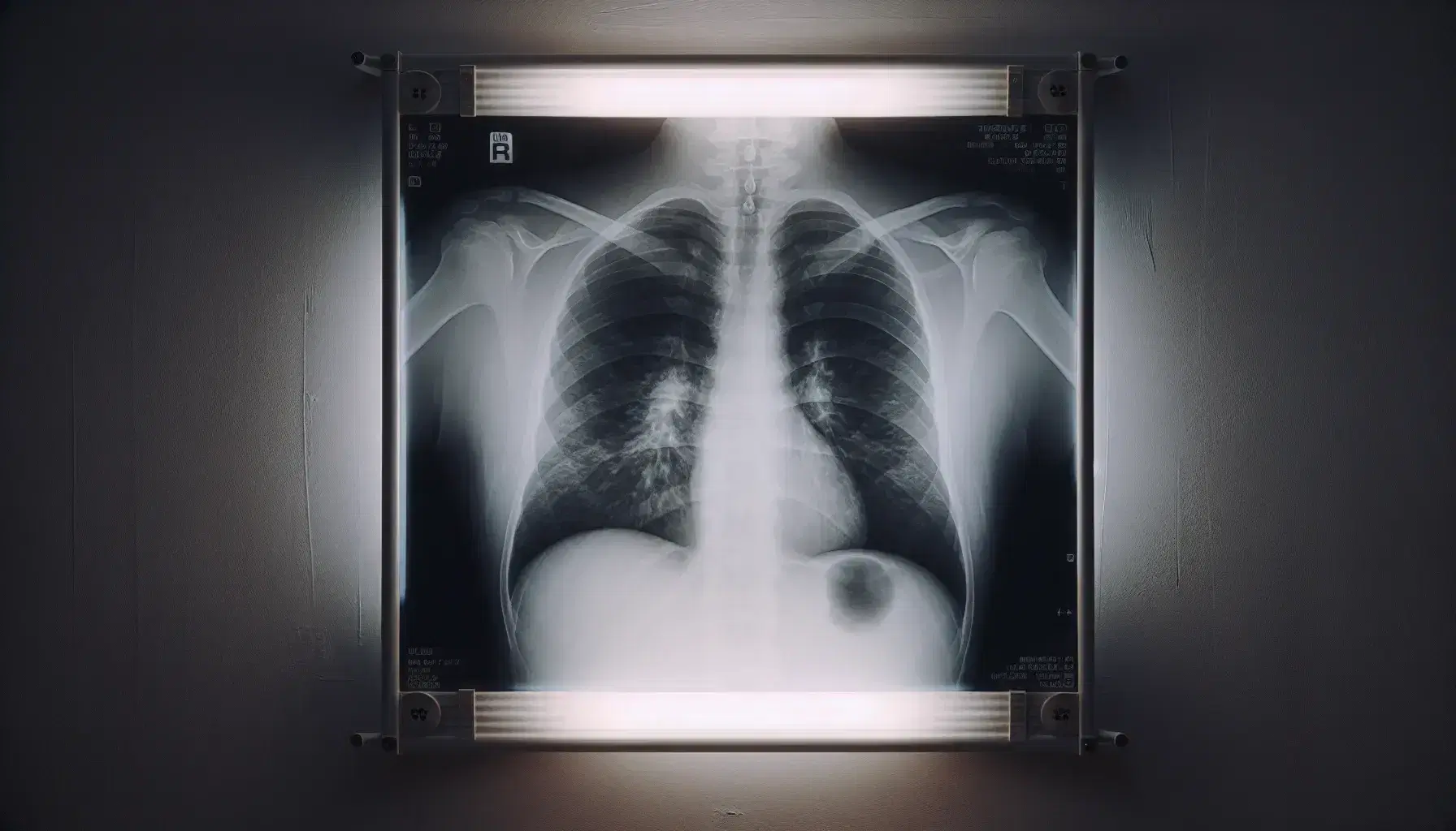 Radiografia toracica in bianco e nero su pannello luminoso che evidenzia il cuore e polmoni con opacità diffuse tipiche dell'enfisema.