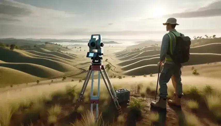 Paisaje al aire libre con persona operando estación total sobre trípode y otra sosteniendo jalón topográfico en día soleado con cielo parcialmente nublado.