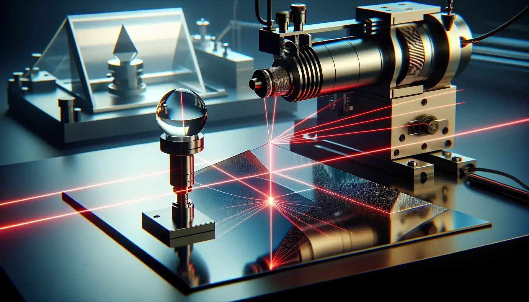 Laser beam emitted from cylindrical device refracted by prism on optical table in dimly lit lab, with sensor aligned to intercept light path.