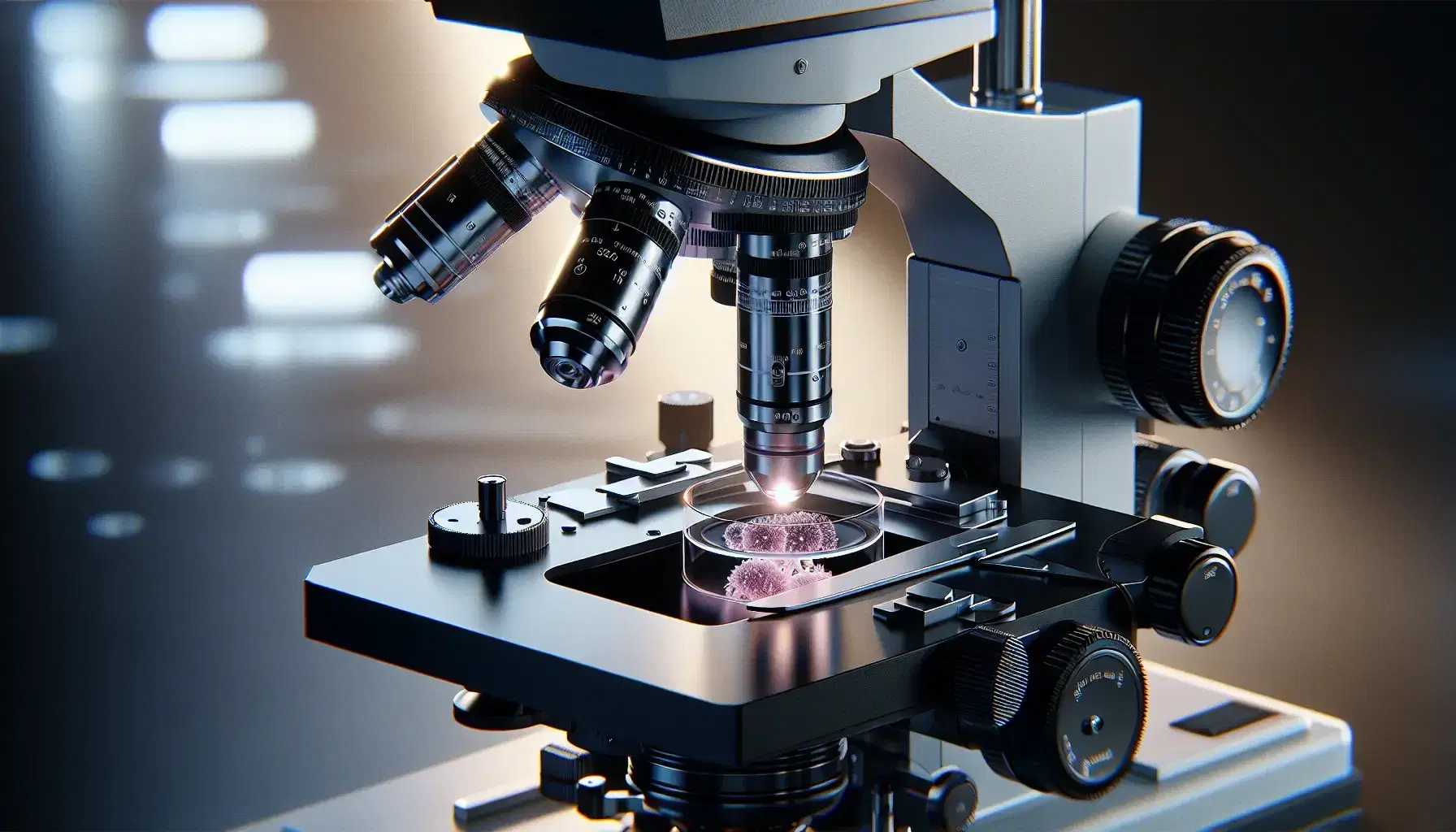 Microscopio óptico moderno enfocado en componentes metálicos y plásticos, con objetivos y muestra biológica teñida en la platina iluminada.