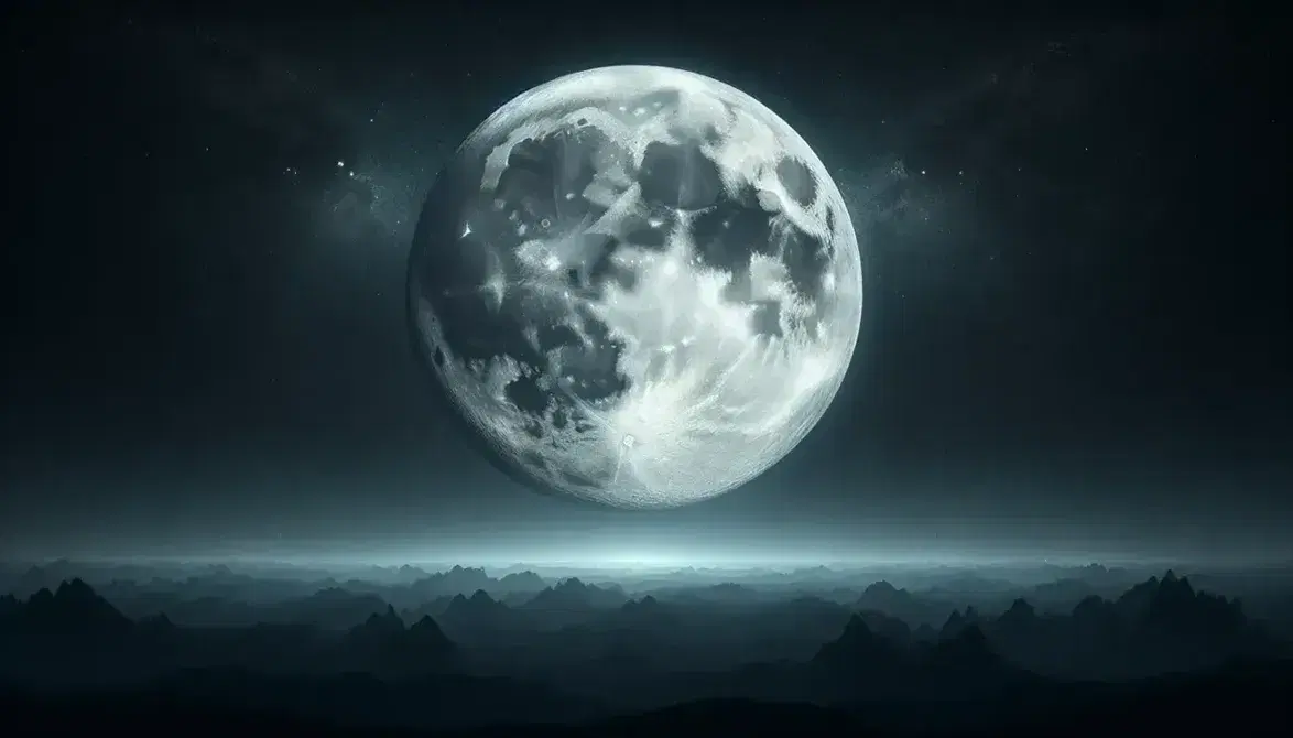 Luna piena dettagliata e luminosa domina il cielo notturno sopra una silhouette montuosa, con cielo stellato in sfondo.
